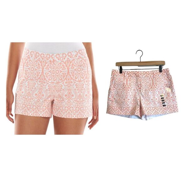 Elle Floral Swirl Print Chino Shorts in Coral & White - Picture 1 of 13